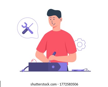 Man technician work computer repair use screwdriver and wrench with flat cartoon style.