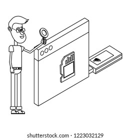 Man and technology isometric in black and white
