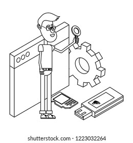 Man and technology isometric in black and white