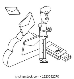 man and technology isometric in black and white