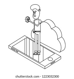 man and technology isometric in black and white