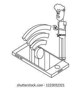 man and technology isometric in black and white