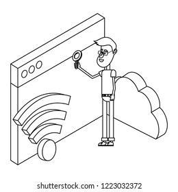 man and technology isometric in black and white