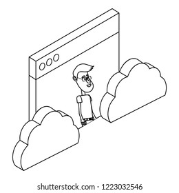 man and technology isometric in black and white
