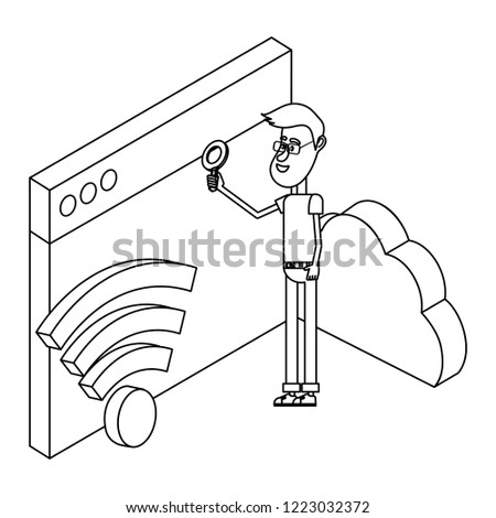 man and technology isometric in black and white