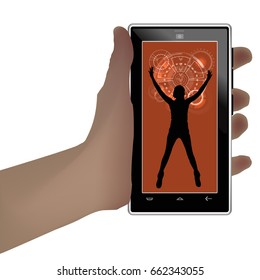 Man and technology. On white background. Hand hold smart phone. The girl is silhouetted. Logo