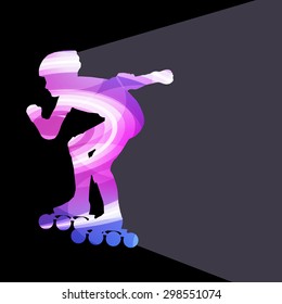 Man, teenage boy driving with inline skates, skating vector background colorful concept made of transparent curved shapes