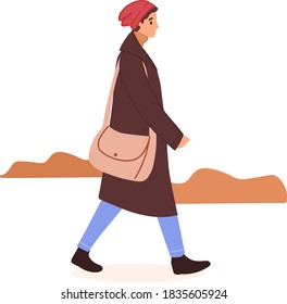 Man, teenage boy, student in autumn clothes, outerwear. Guy walking on street flat illustration. Trendy street style fashion person. Winter, spring and autumn clothing collection. Warm coat, hat, bag