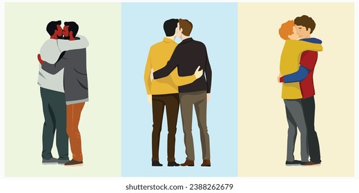 man teenager adult friend, hug friendship , cartoon character