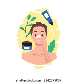 Man or teenager applies cream or patch on nose, flat vector illustration isolated on white background. Male cartoon character using beauty products - lotions and cleansers.