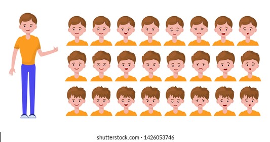 Man or teenager boy - cartoon character creation set, constructor. Isolated elements - full length person and portraits with emotions (neutral, joy, anger, sadness, surprise) and haircuts. Vector flat