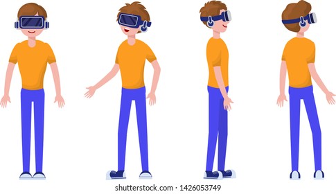 Man or teenager boy in Virtual Reality headset or VR helmet. Casual guy, Set of cartoon characters full length on white background. Isolated figures - different views, gestures. Vector flat