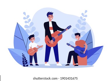 Man, teenager and little boy playing guitars together. Musician, fun, children flat vector illustration. Entertainment and music concept for banner, website design or landing web page