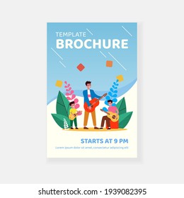 Man, teenager and little boy playing guitars together. Musician, fun, children flat vector illustration. Entertainment and music concept for banner, website design or landing web page