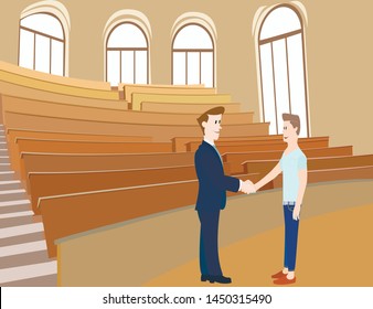 A man and a teenager shake hands .University,lecture hall.Vector image.