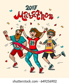 Man, teenager and woman runner cross the finish line. Cartoon style. Marathon 2017. Vector illustration.