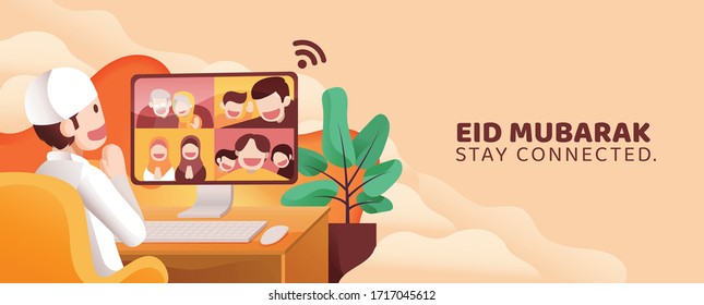 Man Teleconference Call With His Family and Friends in Eid Mubarak Al Fitr From Home in Front of PC Monitor Full of Happiness. Stay Connected during Covid-19 Quarantine.