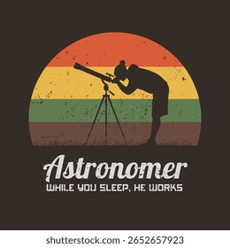 Homem com telescópio. Astrônomo no trabalho. Retro 60s, 70s design, etiqueta
