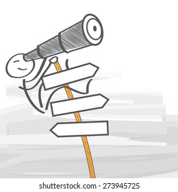 Man with telescope climbs a signpost