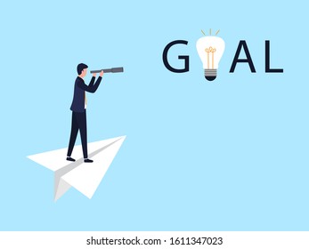 A man with a telescope flies on a paper airplane and looks into the distance. The concept of setting and achieving goals in business and life, planning, determination. Vector flat illustration.