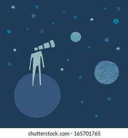 Man with telescope head watching the planets and the stars. Hand-drawn illustration. Background and illustration elements in separate layers. Hi res JPEG included.