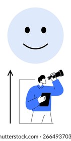 Man with telescope and large smiling face highlights optimism exploration, and future growth. Ideal for creativity, innovation, positive thinking, exploration, perspective, motivation, inspiration