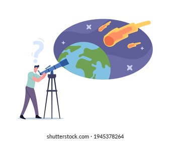 Hombre con telescopio mira el fenómeno natural en el cielo con la caída de los asteroides, Carácter masculino observando la caída de la meteorología, Astronomía de científicos aficionados o profesionales. Ilustración del vector de dibujos animados