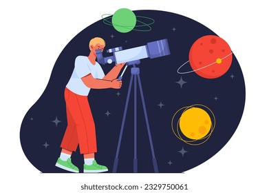 Man with telescope looking at planets concept. Young guy looks at starry sky. Astrology and astronomy, constellation of stars. Explorer and scientist, researcher. Cartoon flat vector. 3D Illustration