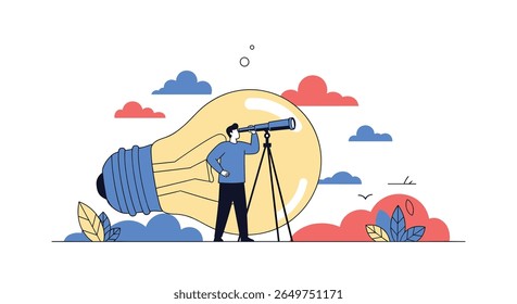 Man with telescope observing future possibilities inspired by bright idea bulb illustrating innovation and discovery