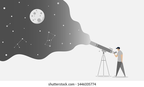 Man with telescope observing universe with Moon. Searching new planets. Galaxy, Milky Way, constellations. Isolated illustration.