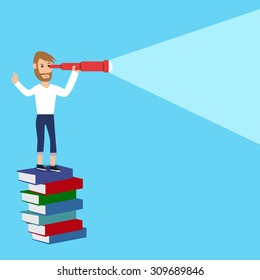 Man with telescope on the books  vector. illustration EPS10.