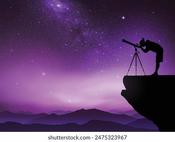 Man and telescope on cliff. Astronomer at night. Milky Way, starry sky