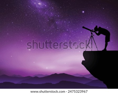 Man and telescope on cliff. Astronomer at night. Milky Way, starry sky