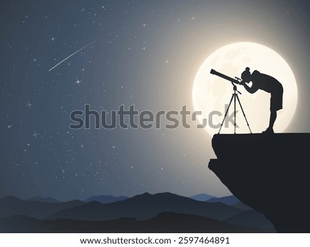 Man and telescope on cliff. Astronomer at moonlight night. Full moon