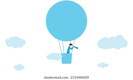 Man with telescope on hot air balloon, business character vector illustration on white background.