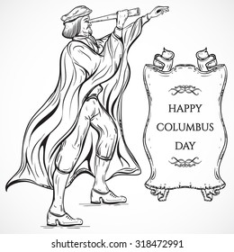  Man With Telescope And Ribbon Banner.Vintage Poster Columbus Day. Vector Hand Drawn Illustration. Retro Invitation,card, Print, T-shirt, Postcard, Poster.