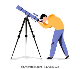 Man with telescope in search of a star. Vector illustration in flat style