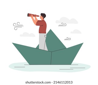 Man with telescope at ship. Origami and unusual transport. Metaphor of successful entrepreneur, vision of future and goal setting. Leadership and company development. Cartoon flat vector illustration