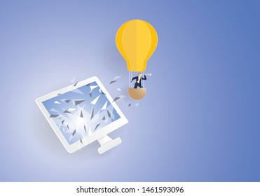 Man with telescope standing on light bulb hot air balloon break through computer screen concept inspiration business, Paper cut, Craft vector 
