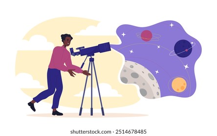 Man with telescope. Young guy looks at stars and planets. Astronomy and astrology. Universe and space. Scientist studying cosmos. Flat vector illustration isolated on white background
