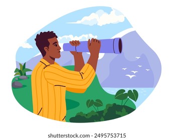 Man with telescope. Young guy in nature looks at mountains. Tourist and traveler near river or lake. Active lifestyle, camping and hiking. Flat vector illustration isolated on white background