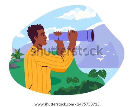 Man with telescope. Young guy in nature looks at mountains. Tourist and traveler near river or lake. Active lifestyle, camping and hiking. Flat vector illustration isolated on white background