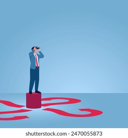 A man telescopes far away and stands on a question box, an illustration for uncertainty.