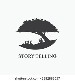 A man tell the stories to the children under a big tree vector illustration. Story telling logo, book cover design concept