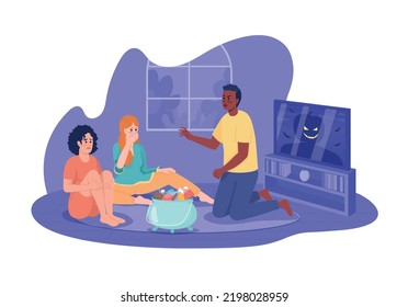 Man telling horror story to friends 2D vector isolated illustration. Halloween celebration flat characters on cartoon background. Party colourful editable scene for mobile, website, presentation