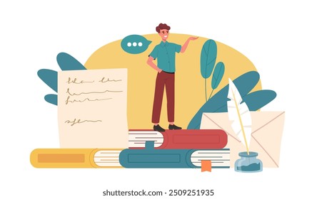 Man tells poem. Talented author and writer with feather and inks. Creativity and art. Copywriter with books and sheets of paper. Flat vector illustration isolated on white background