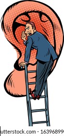 A man tells a secret. Stands on the stairs near the big ear. Comic caricature por art retro vector illustration