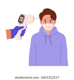 Detección de temperatura del hombre con termómetro infrarrojo. Ilustración de diseño plano. Ilustraciones para Sitios web, páginas de destino, App móviles, carteles y Anuncios