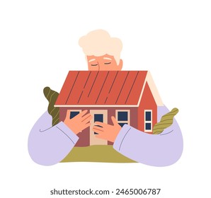 Man Tenderly Hugging A Small Model House, Symbolizing Nostalgia, Securit And Comfort Of Home, Vector Concept