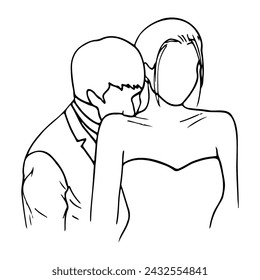 man tenderly kisses a woman behind her. hand-drawn groom tender kiss on the back of the bride